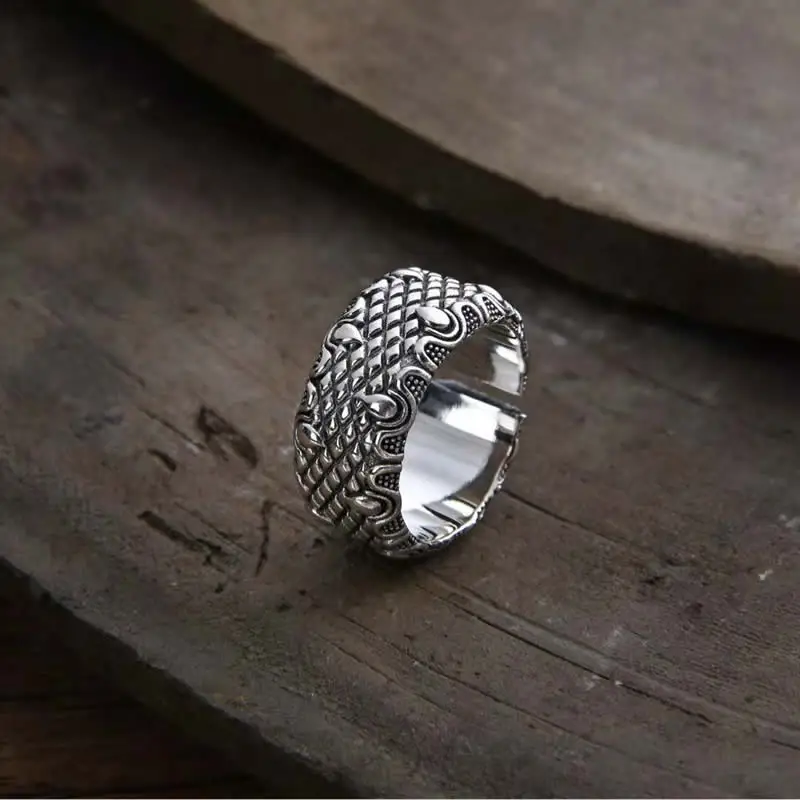 

Solid S925 Silver Ring Men's Dragon Open Size Ring Band Stamp S925