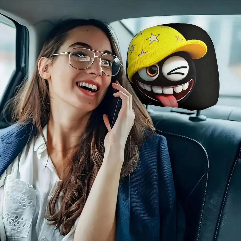 قطعتان، غطاء مسند رأس للسيارة التعبير الهزلي يرتدي قبعة منسوجة على شكل نجمة صفراء، سهل التركيب والتنظيف، مناسب للرحلات الطويلة