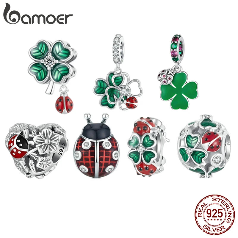 

BAMOER 925 Sterling Silver Four-leaf Clover Pendant Charms Ladybug Beads for Women Bracelet Necklace DIY Accessories