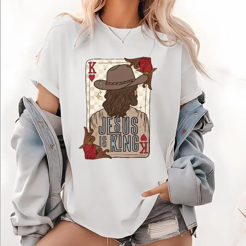 

Jesus Is King T-Shirt, Christian Graphic Tee, Western Cowboy Style Faith Top, Religious Poker Card Print, Church Apparel Gift