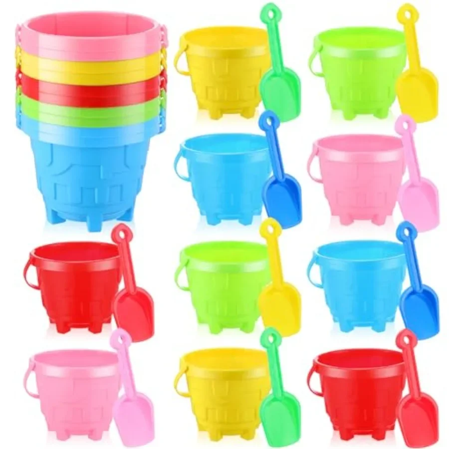 Juego de 10 Uds. De cubos de arena para playa y 10 Uds. De palas de arena para niños, juego de juguetes de playa de verano, cubo de plástico en forma de castillo de 5,9 pulgadas y S