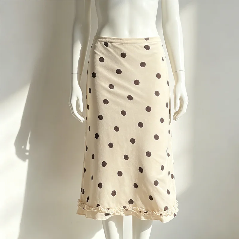 

New INS, retro polka dot print, wood ear edge temperament, half skirt, street waist versatile, long skirt for women