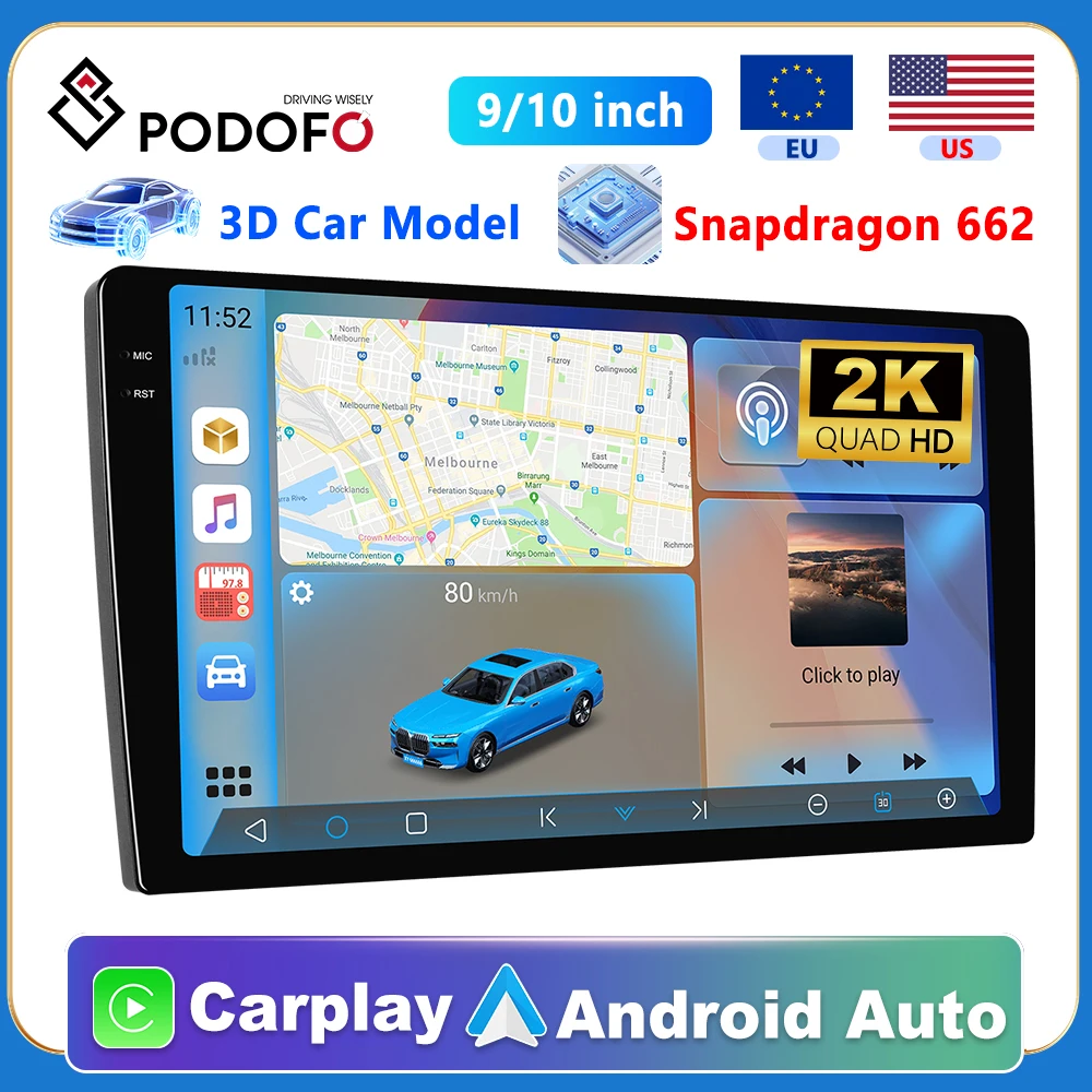 Podofo 2din Carplay GPS Car Stereo Radio QLED 2K Touch Screen 8 core Car Multimedia Player with BT WIFI DSP FM Radio Receiver