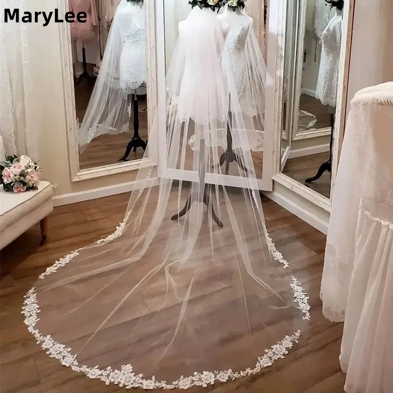 Long Floral Lace Bridal Veil White Ivory 1 Layer Cathedral Church Wedding Veil Bride Marriage Accessories Veils Véu De Noiva