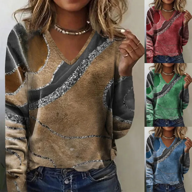 

Women's V-Neck Printed Long Sleeve T-Shirt for Women, Fall and Winter Fashion Top