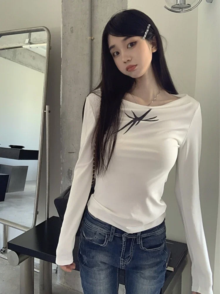 Long Sleeve T-shirts Women Pattern Versatile Slim Y2k Streetwear Simple Off Shoulder Design Travel Autumn American Style Leisure