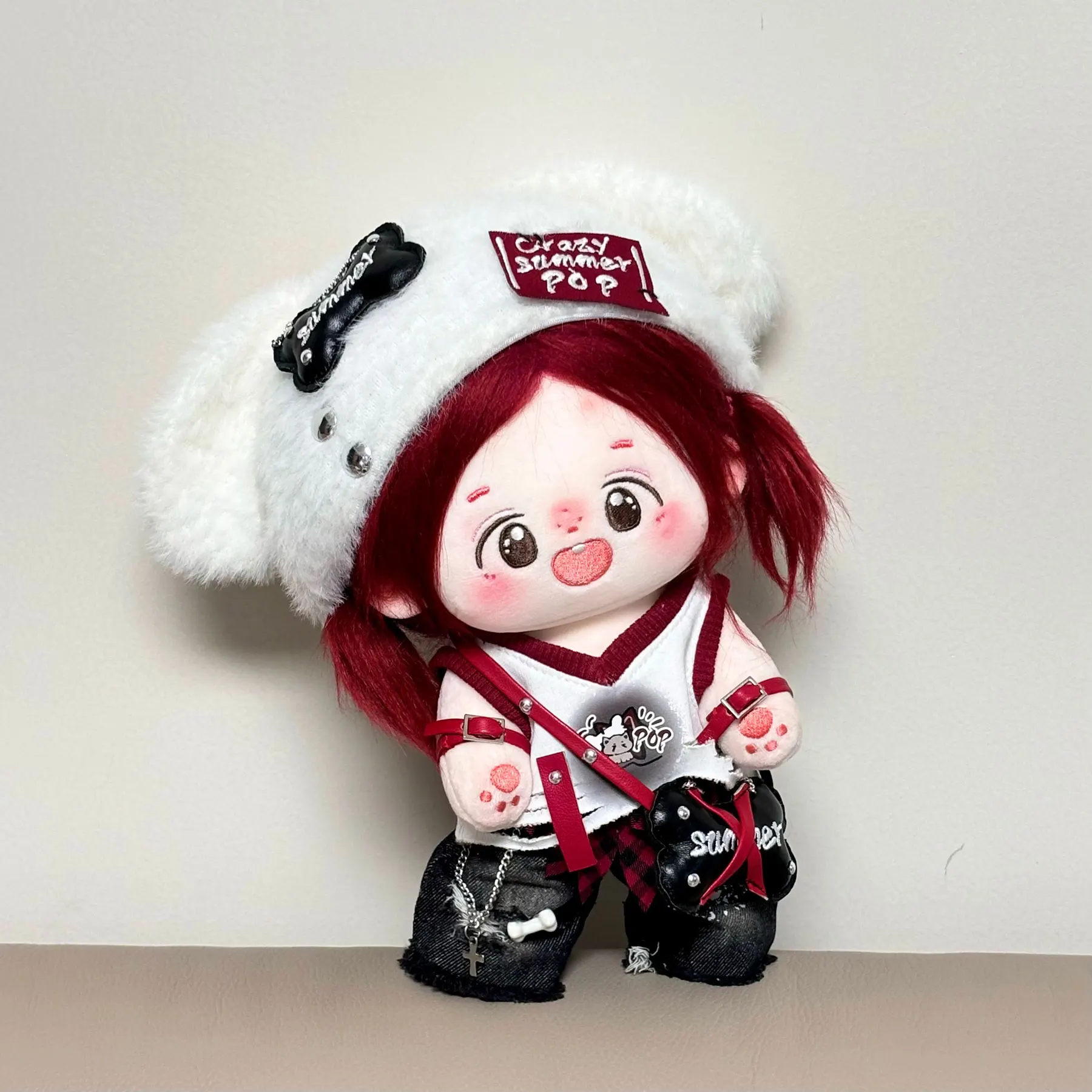 

20cm Plush Doll Clothes Handmade Cool Handsome White Hat Printed Color Blocking Vest Pants Shoes Set For Doll Accessories Toy
