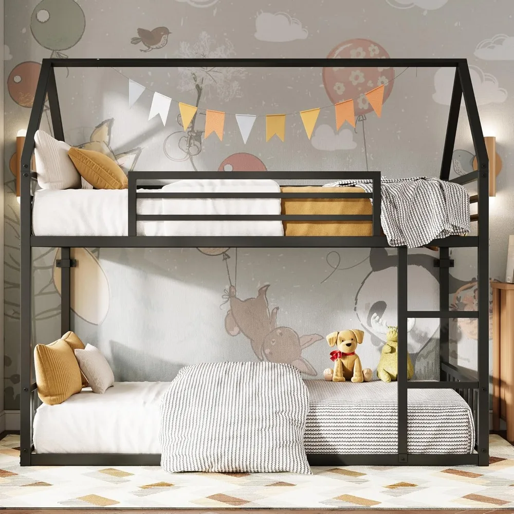 Bunk Bed Twin XL Over Twin XL, Metal Bunk Bed Frame with Ladder and Guardrail, House Shaped with Metal Slats for Dormito view 3