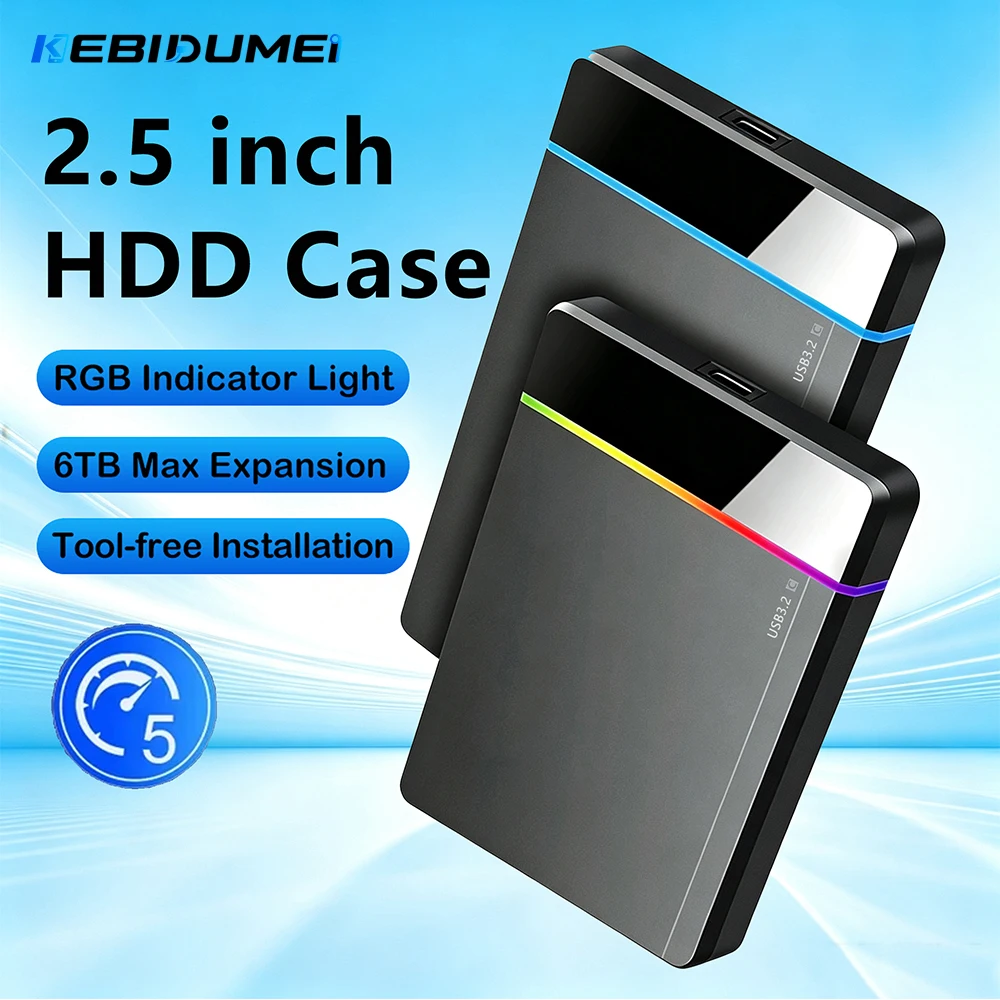 Kebidumei 2.5-inch HDD Enclosure USB3.2 to SATA III HDD Adapter External SATA HDD Box Tool Free Installation RGB Cool Indicator