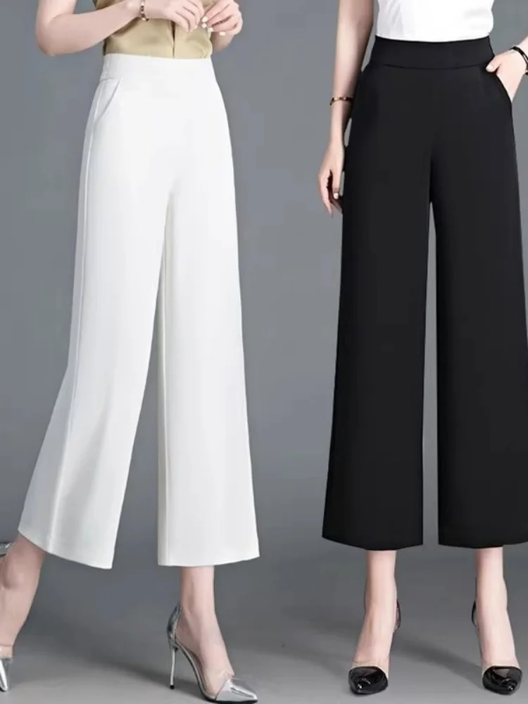 

Женские брюки с высокой талией из ледяного шелка, широкие, укороченные (7/8), больших размеров, весна-лето, повседневные, белые, свободного прямого кроя