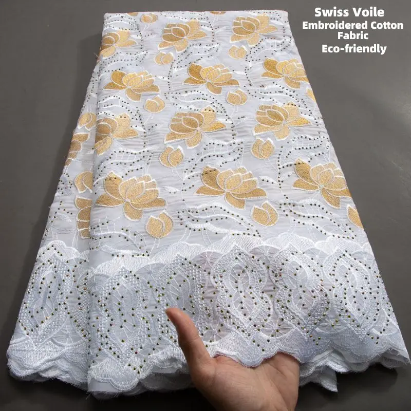 Latest Dubai Cotton Lace Fabric 5 Yard Crystals Swiss Voile Lace In Switzerland African Fabric Elegant Dress for Women Sew A3787