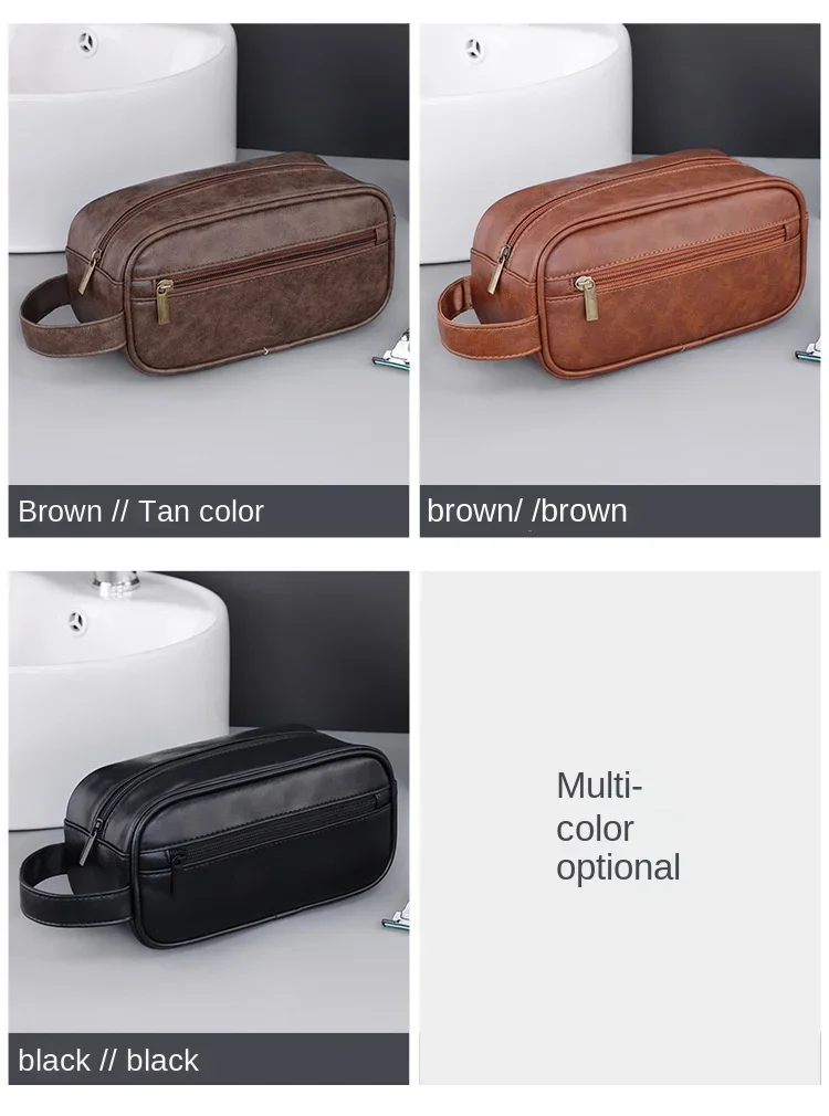 Kulturbeutel aus Leder für Herren, für Reisen, Geschäftsreisen, tragbare Kosmetiktasche, großes Fassungsvermögen, mehrere Taschen, handgehaltener Kulturbeutel aus Leder – Detail 7