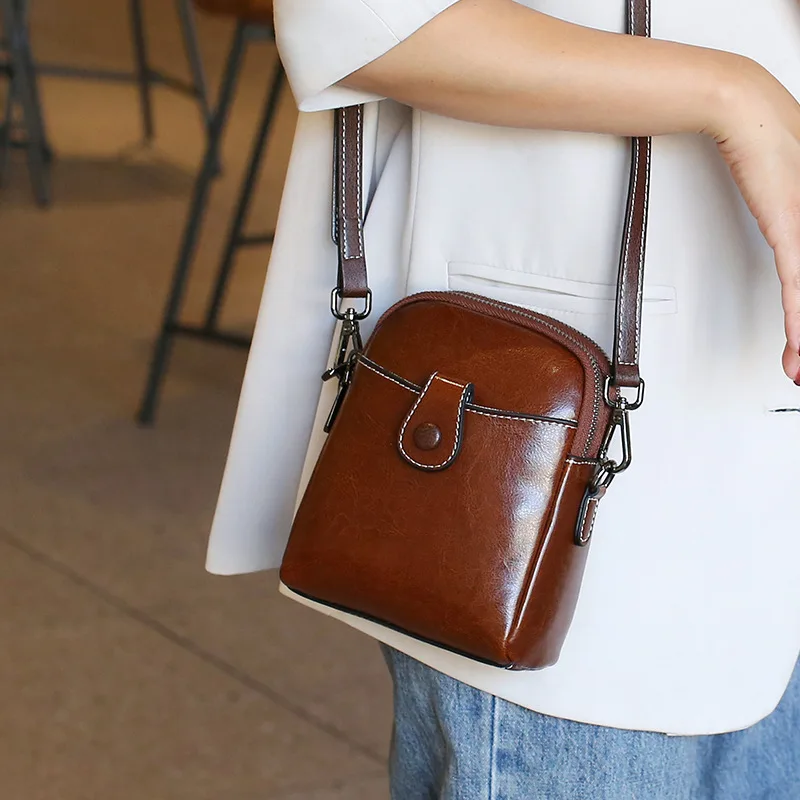 Real Cowhide Mobile Phone Bag Solid Small Messenger Women\'s Bag Summer Single Shoulder Crossbody Bag Lady Soft Leather Purse