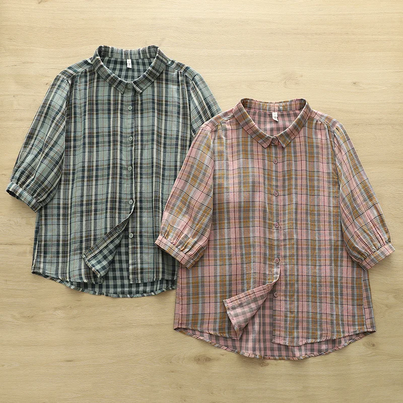 ใหม่2025ฤดูร้อนผ้าฝ้ายแขนสั้นเสื้อผู้หญิงTurn-Down Collarลายสก๊อตพิมพ์, Moriสาวสบายๆเสื้อหลวมวินเทจt54837CC