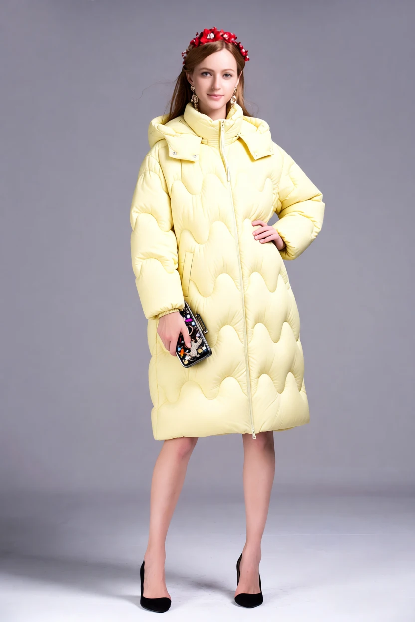 Women's Oversized Hooded Puffer Coat, Long Quilted Down Jacket with Wave Pattern, Yellow Winter Parka for Warmth & Style
