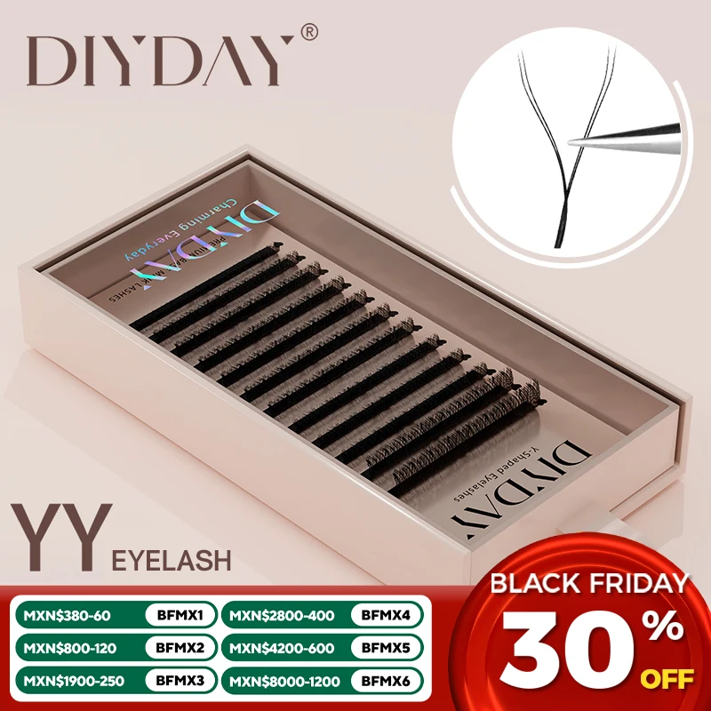 DIYDAY YY Shape Eyelash Extensions C D L LU Curl Brown Lashes Natural Soft Premade Volume Fans Two Tips Y-Shaped False Eyelashes