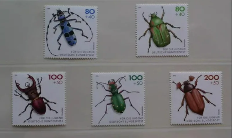 

5 PCS, Germany, 1993, Beetle, Real Original Post Stamps, MNH