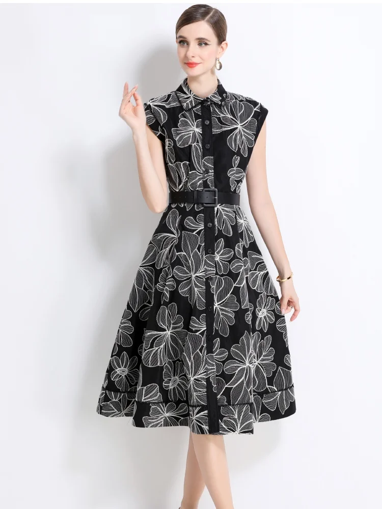 Nieuwe zomer mouwloze revers geborduurde print halflange jurk met enkele rij knopen dames vintage elegante slanke taille runway-jurk