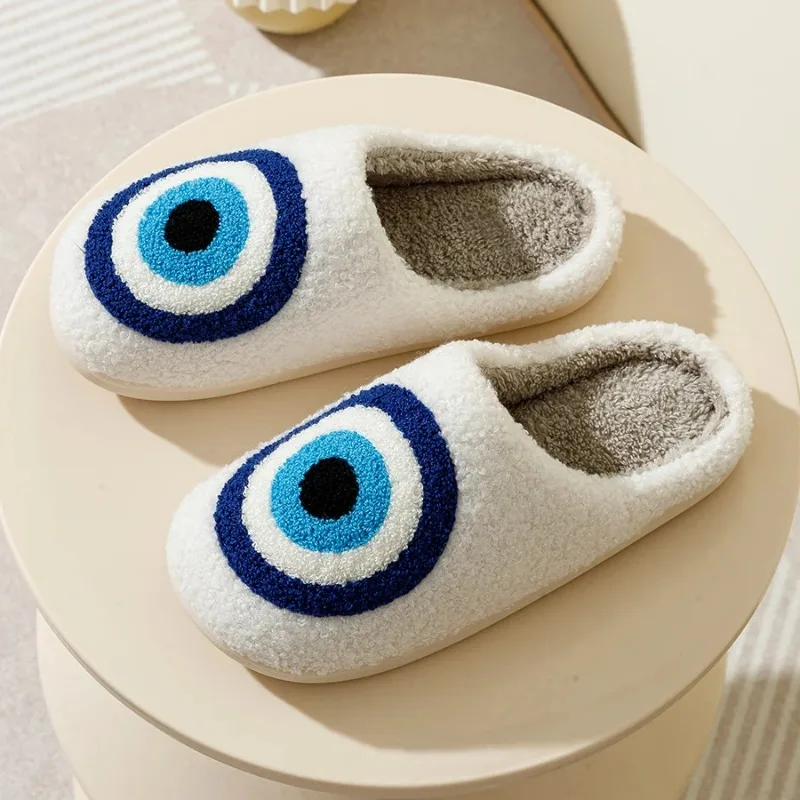 Evil Eyes Blue Embroidery slippers High Quality Women Men Slippers Fashion Pattern Shoes Warm Home Devil\'s Eyes Houseshoes