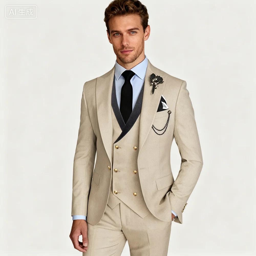 

New Men's 3 Piece Formal Suit Slim Fit Business Peak Lapel Tuxedo Best Man Blazer Set for Wedding Party Prom - Blazer Vest Pants