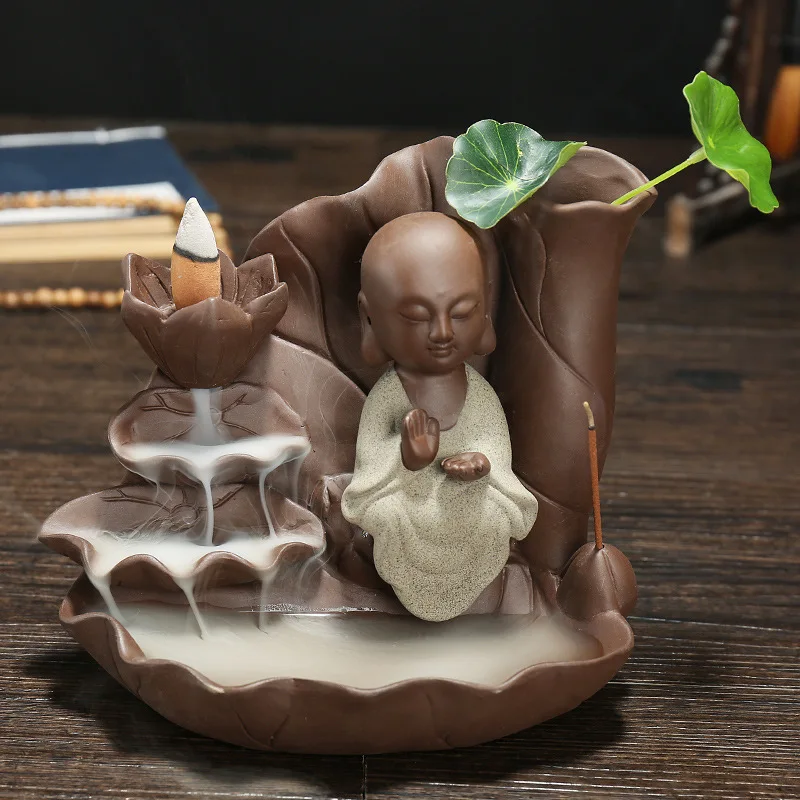 Western Three Saints Smoke Backflow Incense Burner Purple Clay Crafts Home Decoration Lotus Leaf Lotus Buddha Backflow Incense B