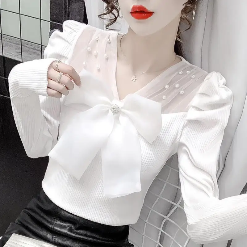 

Mesh Bow Patchwork Long Sleeve T-shirt 2026 Women Spring Summer Beading Blouse Tops Korean Puff Sleeve T-shirt Base Shirt