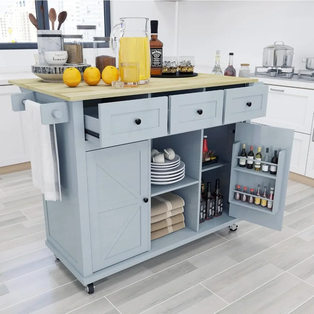 Kitchen Island with 5 Universal Wheels,Barn Door Islands Table with Storage and Towel Rack, (Blue),Kitchen Islands & Trolleys