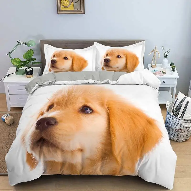 Dog Duvet Cover Set Golden Retriever Queen Size Bedding Set For Boys Girls Microfiber 3D Pet Themed Animal Funny Dog Quilt Cover