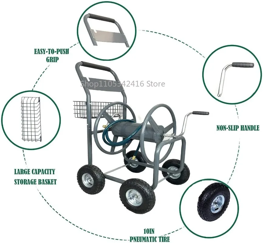 4 Wheel Portable Garden Hose Reel Cart with Storage Basket Rust Resistant Heavy Duty Water Holder for OutdoorYardLawnWateringUse