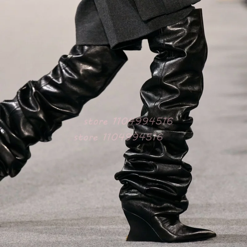

Red Pleated Wedges Pointed Boots Women Black White Leather Over The Knee Boots Fashion Street Style Party Ladies Autumn Shoes