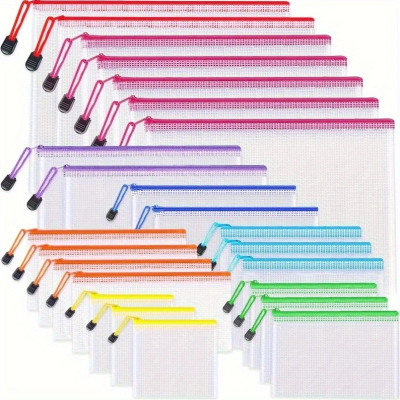 24pcs Colorful Mesh Zipper Pouch Bags - Waterproof PVC File Organizers, Clear Travel Pouches for Office, School & Home Storage