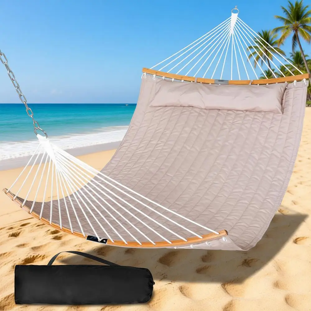

Quilted Fabric Double Hammock with Curved Bamboo Bar and Pillow, Supports Up to 450 lbs, Tan