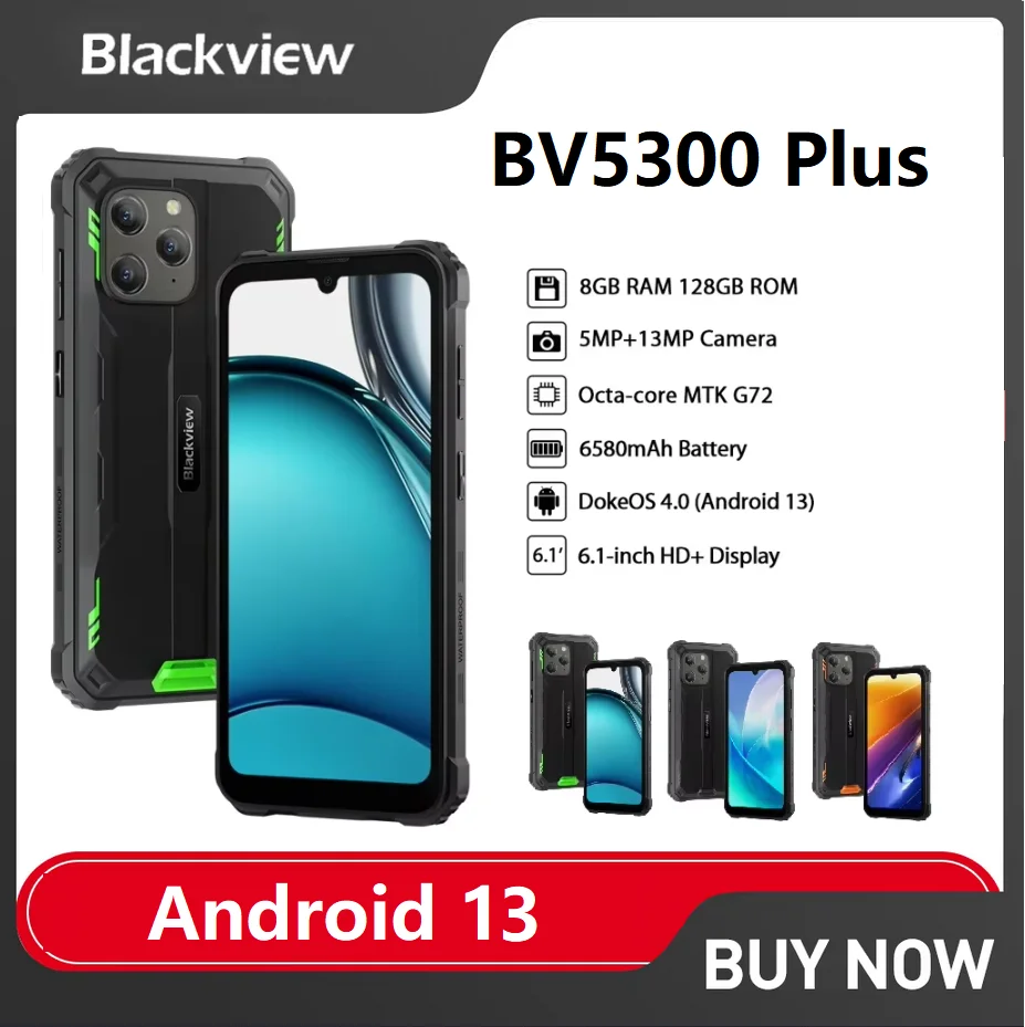 Blackview BV5300 Plus Rugged Smartphone Android 13 Octa-core G72 6.1'' HD Display 8GB 128GB Phone 13MP 6580mAh Cellphone NFC