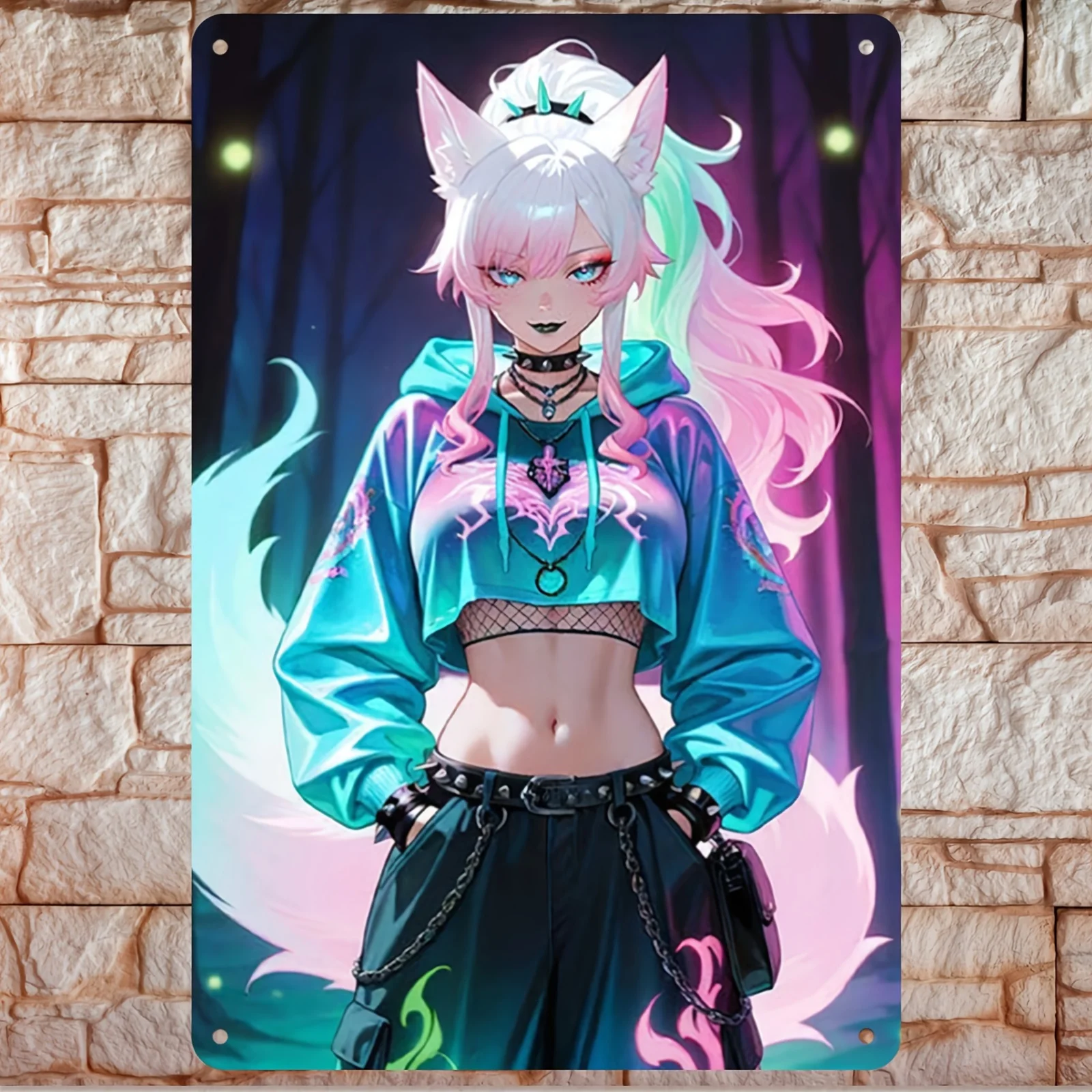 Cute Anime Fox Girl Metal Wall Sign 12x8 Inch Purple Pink 2D Flat Iron Plaque Pre-Drilled Bedroom Living Room Decor