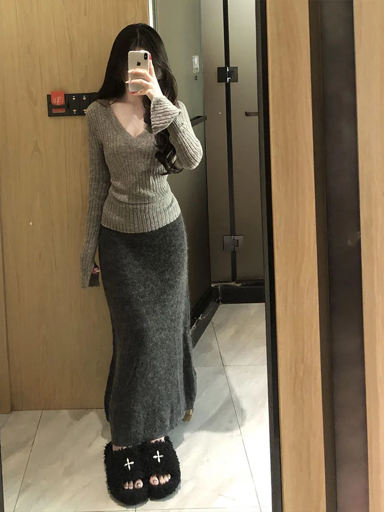 

Ay V-Ne вязаный свитер, женский облегающий внутренний свитер, футболка, топ в американском стиле ретро, модный повседневный свитер для поездок на работу