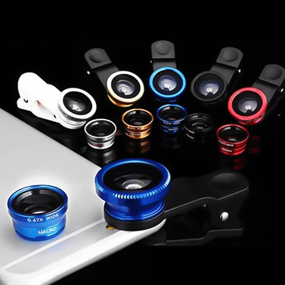

3 in 1 Clip On Phone Lens 180° Fish Eye Lens+0.67X Wide Angle+ Macro Lens Clip Camera Lens Kit Photography Lens for Cell Phone