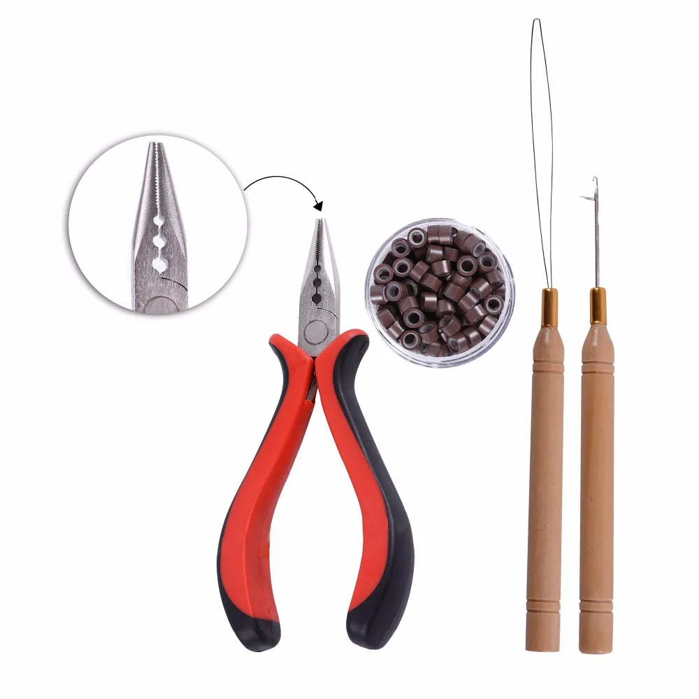 

1 Pack Hair Extension Pliers Kit 100Pcs Micro Links/Beads+1Pcs Pulling Needle+1Pc 3 Holes Pliers Tools for Hair Extensions