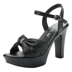 8 10 13cm Small Size 32-43 Sweet Bowtie Leather Shoes Platform Sandals Summer 2025 Block High Heels Sandals Office MOdel Party
