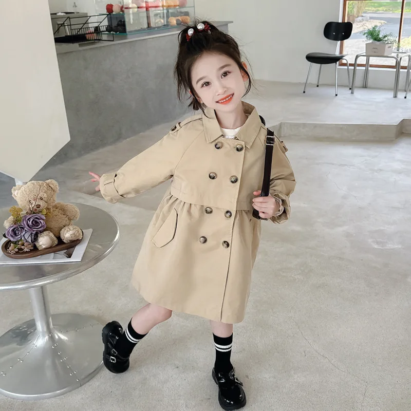 Girls' trench coat, autumn collection, new children's British style double breasted top baby coat, medium to long style