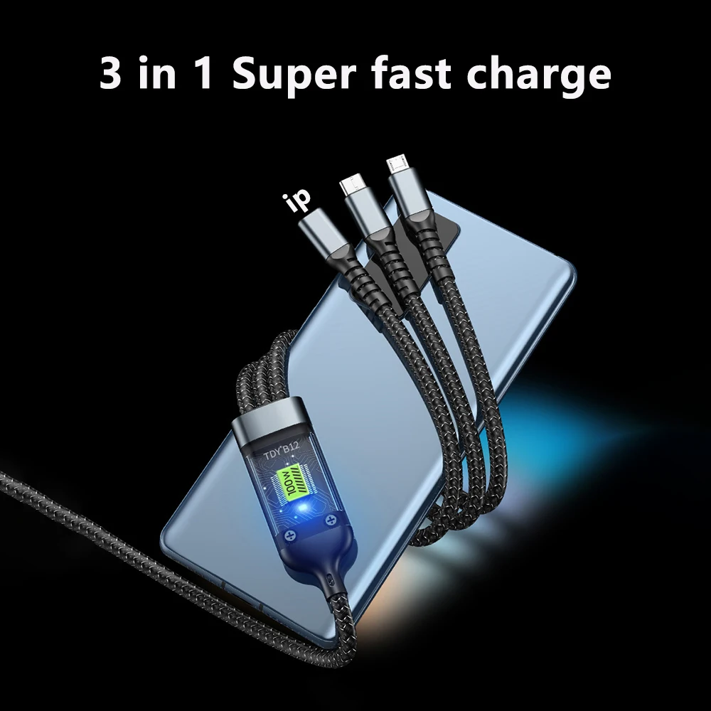 3-in-1 100W 5A Fast Charging USB To Type-C Micro Fast Charger Cable For iPhone 14 13 Samsung Xiaomi Huawei iPhone 14 13