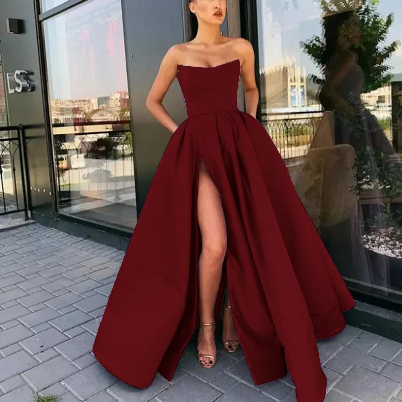 Women Banquet Dress Strapless Sexy Bandeau Backless Vintage Fashion Large Hem Fluffy Skirt Side Slit Elegant Party Host Show