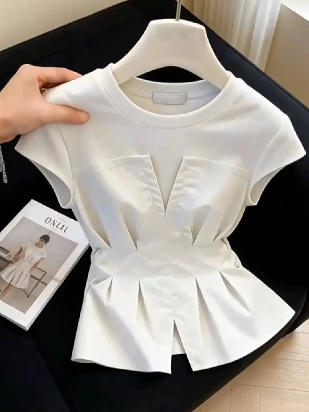White Elegant Short Sleeve T-Shirt Women's Summer plus Size Casual High Intelligence Sense Waist-Cinching Top Korean Style Co...