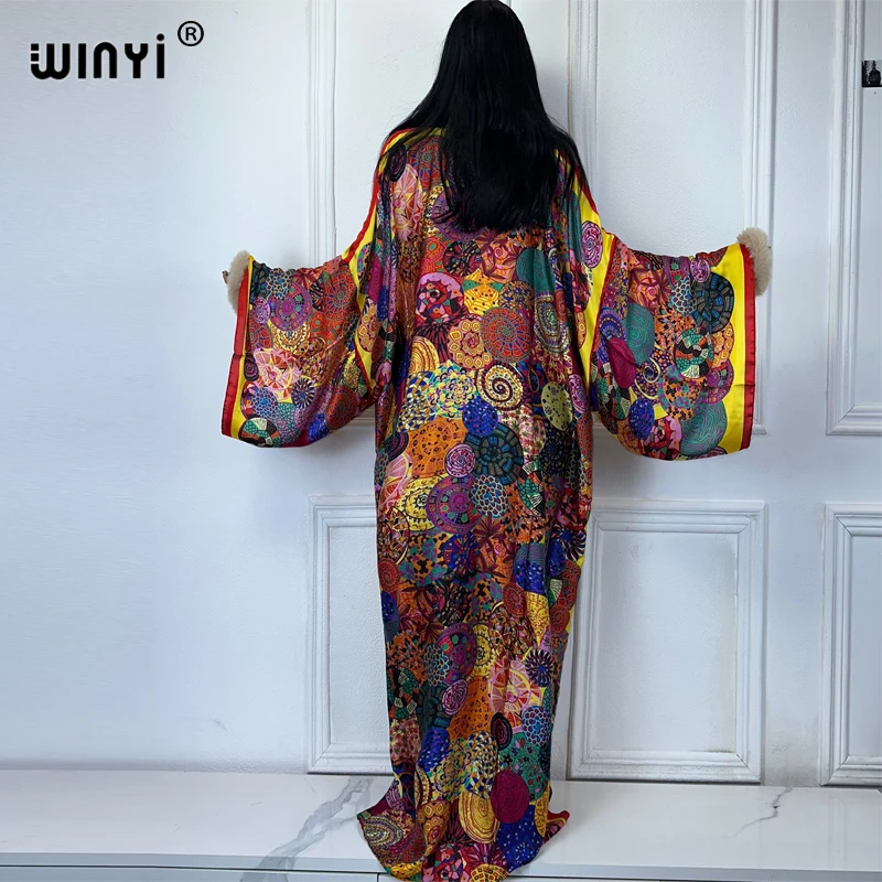 WINYI print Kimonos loose dresses for woman loose Cardigans beach outfits kaftan bikinis cover up evening dress long down coat