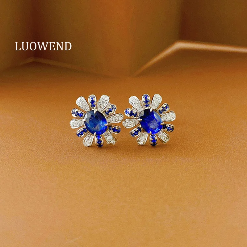 

LUOWEND 100% 18K White Gold Earrings Fashion Sunflower Design Real Natural Sapphire Stud Earrings for Women High Wedding Jewelry