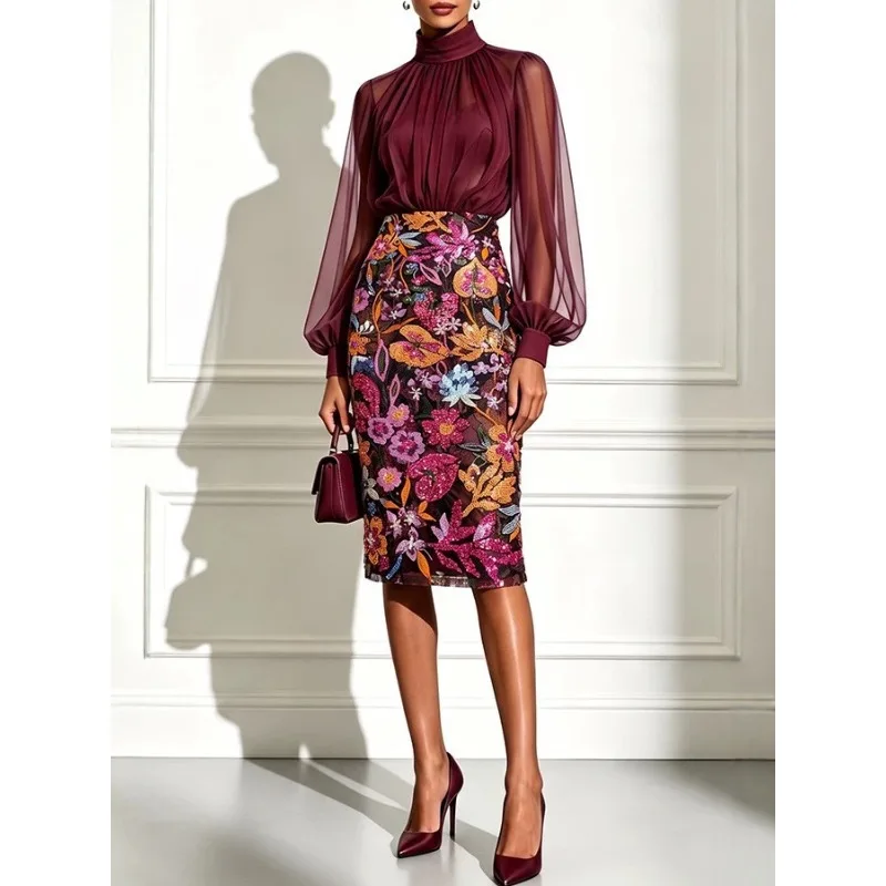 Women 2 Piece Outfit, High Neck Long Sleeve Chiffon Blouse Floral Embroidery Pencil Skirt Set Elegant Formal Party Matching Suit