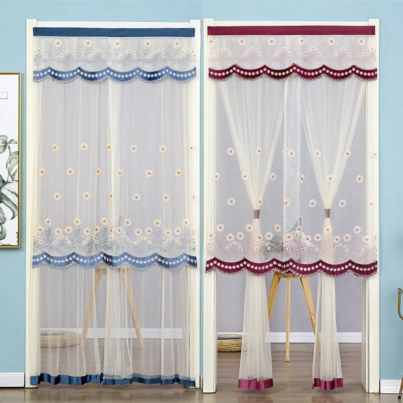 Anti-mosquito Door Curtain Bedroom Livingroom Kitchen Lace Embroidery Double Layer Curtains Room Partition Door Screen 90x200cm