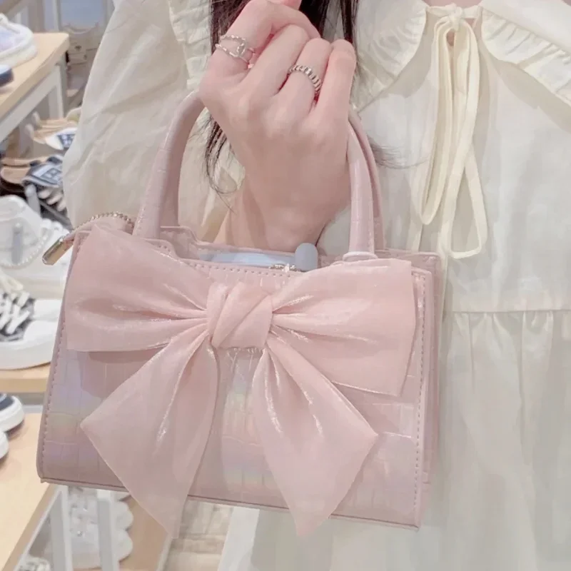 

Girl's Small Square Shoulder Messenger Bag Fashion Women's Clutch Purse Handbags Summer Pink Bowknot Female Underarm Bags Sweet