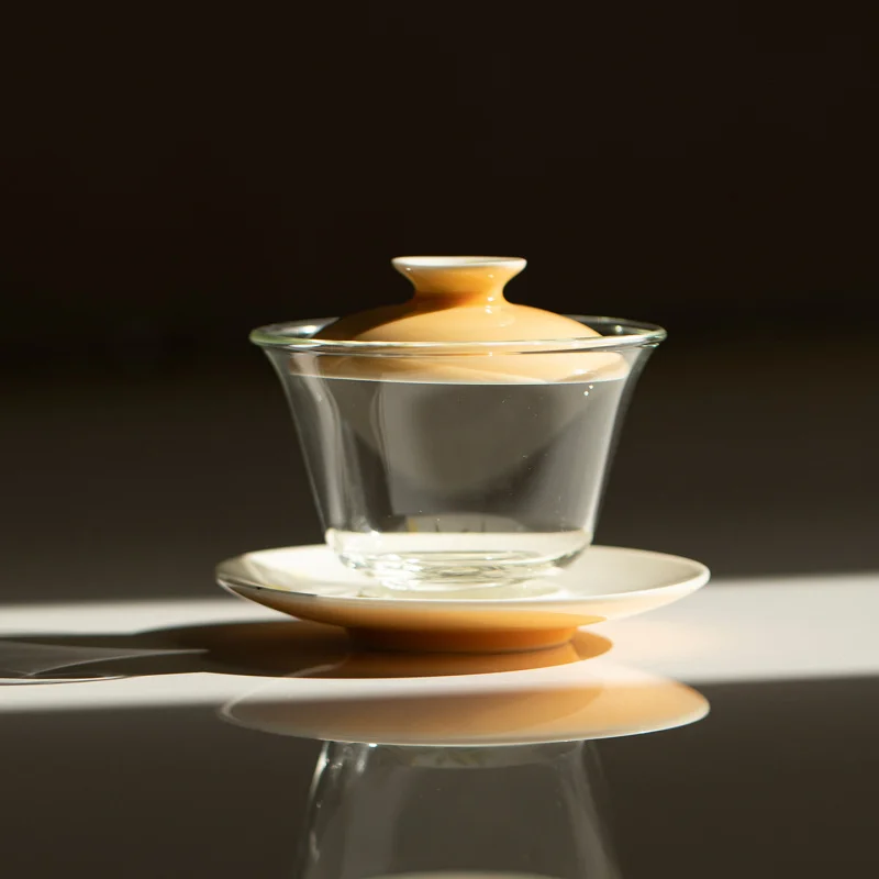 Apricot Yellow Hand-painted Osmanthus Three-talents Glass Bowl Kung Fu Set Household Green Tea Brewer Gaiwan