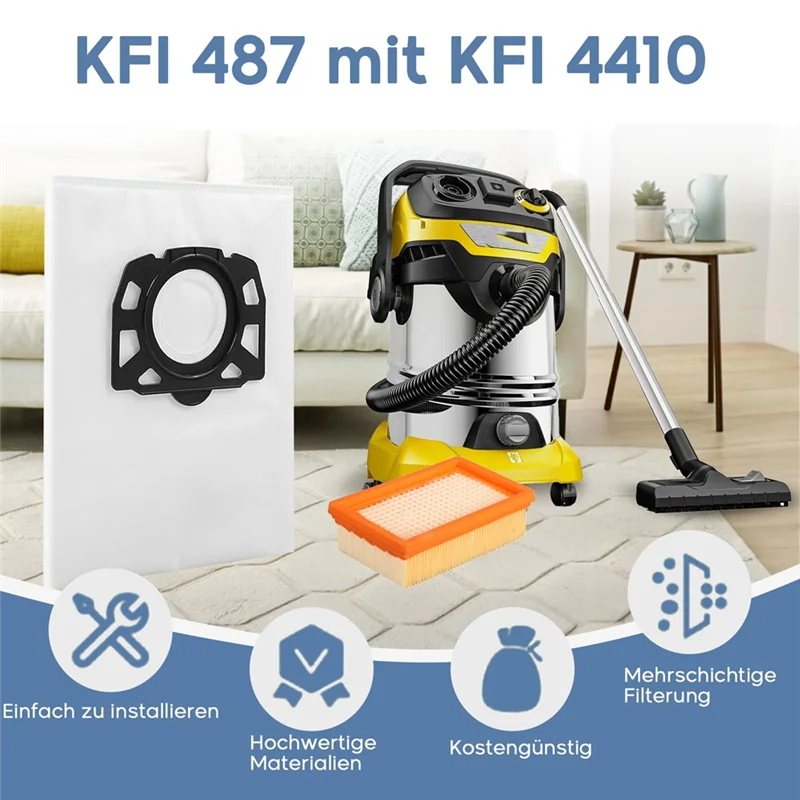 

N09R-10 KFI 487 Vacuum Cleaner Bags With 2 KFI 4410 Filters For Karcher WD4 WD5 WD6 WD5P WD6P MV4 2.863-006.0 And 2.863-005.0