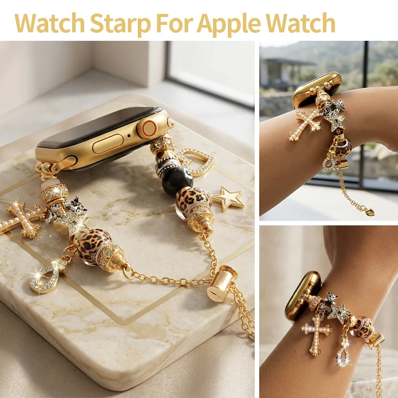Retro Leopard Print Beaded Chain Strap for Apple Watch S11 10 9 8 Ultra 2 Cross Star Charms Bracelet for Iwatch 40mm 44 41 42 45